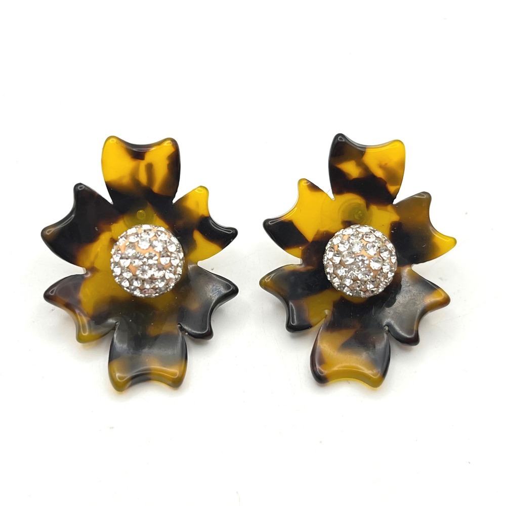 Lele Sadoughi Tortoise Acetate Flower Stud Earrings Crystal Center